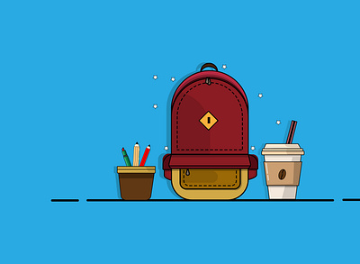 school bag,coffee and some pens art design flat flat art illustration minimal school vector
