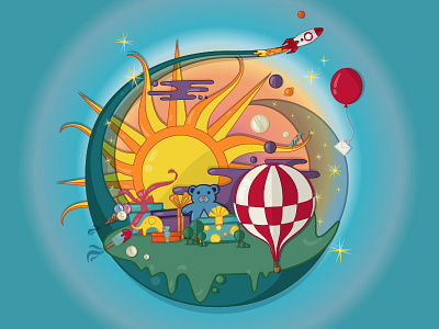 Big World Little Bear bear dowland illustration island rocket sun vector