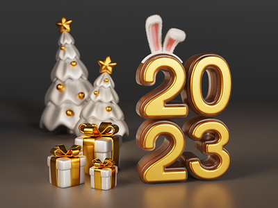 New Year 2023 3D Illustration 2023 3d b3d blender celebration christmas design gift gold holiday illustration new year numbers rabbit style tree