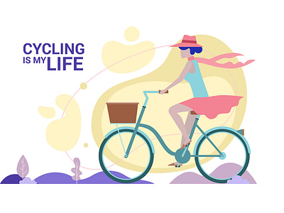 Woman enjoying cycling. Lifestyle vector concept. active activity adventure art bicycle bicycling bike cartoon commute concept countryside cycling cycling is my life cyclist drawing eco friendly exercise female fit fitness