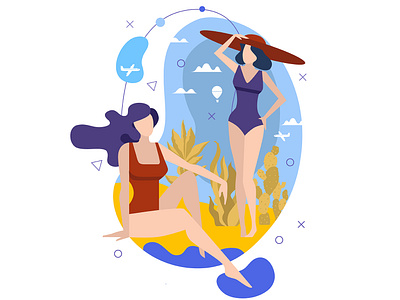 Two women in bathing suits on a tropical beach.