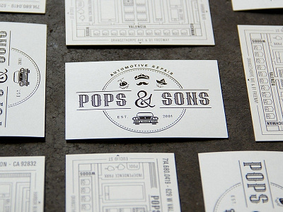 Pops & Sons, Identity automotive black and white branding business cards thermography identity lettering raised ink embossed typography