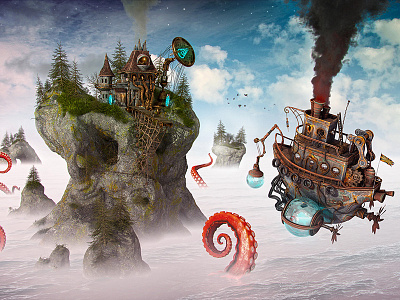 Tentacles Rising 3d fantasy flying ship steampunk tentacles