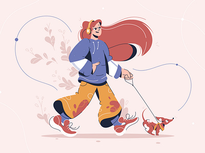 Girl walking character concept design dog flat girl illustraion leash music outside vector walking woman