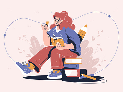 Reading book books character concept design female flat girl glasses illustration magazine newspaper pencil read reading woman