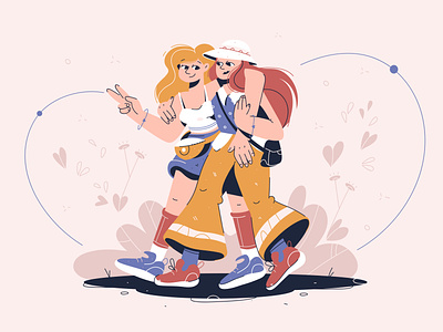 Friend character concept design female flat friend friendship girl girlfriend hugs illustration together vector walk walking woman