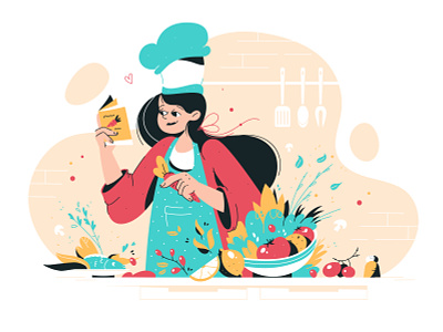 Cooking apron character chef cooking culinary female flat food girl happy hat illustration kitchen tasty time vector vegetables woman