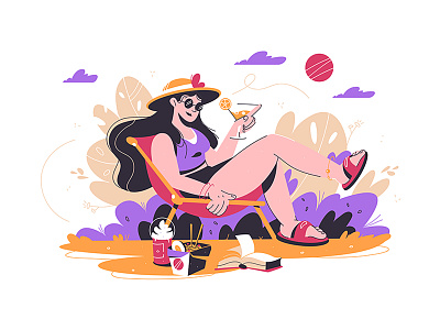 Woman relaxing in park with drink beach book character chill coctail concept design flat girl happy hot illustration isolated kit8 outdoor park person rest summer woman