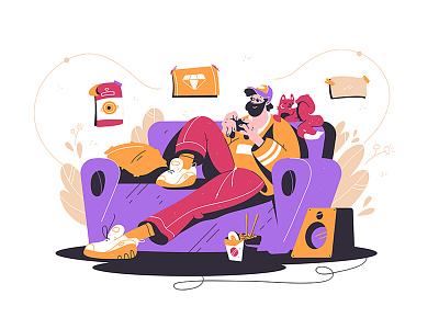 Man playing in video game at sofa with cat action boy cat character concept console design device flat food game gamer hobby illustration kit8 man play teenager video winner