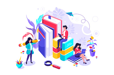 Education book character design digital internet isometric knowledge learning lesson science seminar student studying team training tutorial university video web