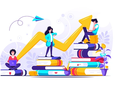 Concept for web page. Investment in education book business businessman character coin design economy education employee finance invest knowledge leader money planning study success team teamwork up