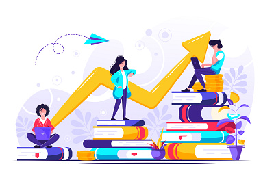 Concept for web page. Investment in education book business businessman character coin design economy education employee finance invest knowledge leader money planning study success team teamwork up
