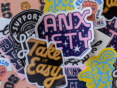 Lettering Stickers anxiety awesome merch custom lettering custom type feminism graphic design hand drawn type hand lettering illustration lettering mental health awareness stay positive sticker design stickers take it easy typographic sticker typography women in illustration