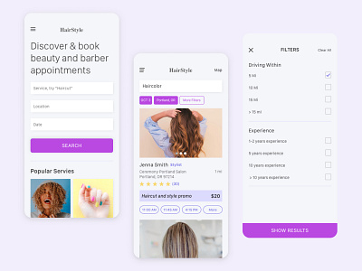 Mobile APp Hair Style Search and Book branding clean form search ui visual design