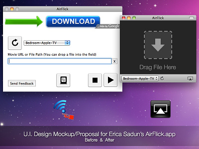 Mockup - Erica Sadun's AirFlick (Before & After) after airplay apple appletv before mac osx ui
