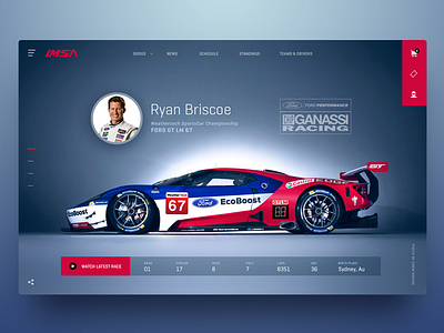 Racing Driver Profile design driver ford fordgt gtlm header hero section imsa racing ui ux weathertech web