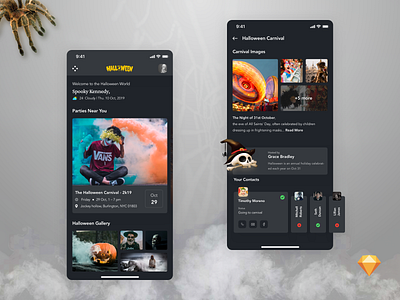 Halloween adventure app booking calendar chat dark dark app event events free freebie friends gallery halloween night party payment schedule sketch travel