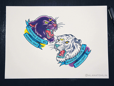 Fighting Evil alanatomlin american traditional anime cats luna moon panther sailor moon tattoo tiger