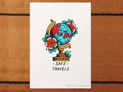 Safe Travels alana tomlin alanatomlin australia flowers globe map tattoo traditional tattoo travel world