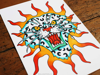 Fire Leopard alana tomlin alanatomlin american traditional angry cat copic markers fire flames leopard snow leopard tattoo tiger traditional tattoo