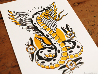 Winged Serpent alana tomlin alanatomlin american traditional cobra copic copic markers eagle flowers illustrator snake tattoo traditional tattoo wings