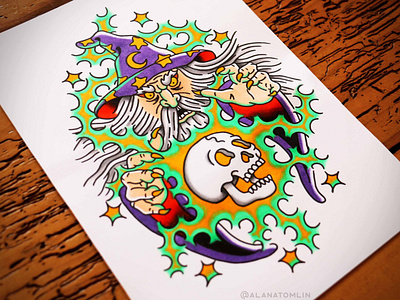 Wizards Only, Fools! alana tomlin alanatomlin copic markers magic skull sorcerer tattoo traditional tattoo witch wizard