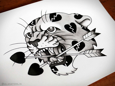 Heartbreaker alana tomlin alanatomlin cat cougar cupid heart ink painting leopard love tattoo traditional tattoo
