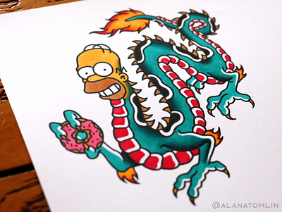 D'OH! alana tomlin alanatomlin american traditional donut dragon homer simpson inktober tattoo the simpsons traditional tattoo