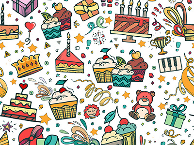 Birthday background birthday cartoon design doodle happy holiday illustration party present seamless pattern surprise