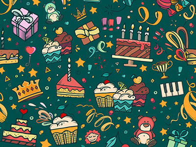 Birthday background birthday cartoon design doodle happy holiday illustration party present seamless pattern surprise