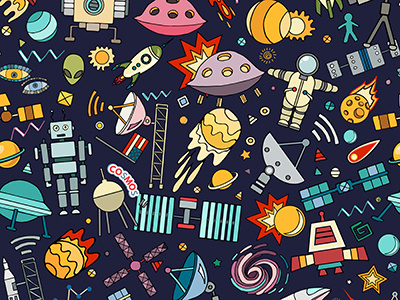 Space illustration aliens background cartoon cosmos endless illustration mystery planet seamless pattern space star