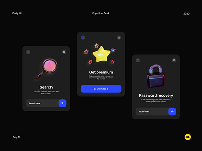 Pop Up with 3d icons - #Daily UI #016 [Dark]