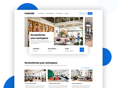 COWORK - Office Space and Workspace Solution blue clean coworking space design flat international landing page landing page design modern platform design space ui ui minimal design ux ux design web web design website white work