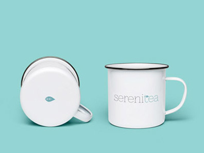 Serenitea brand branding enamel leaf logo mug tea teal