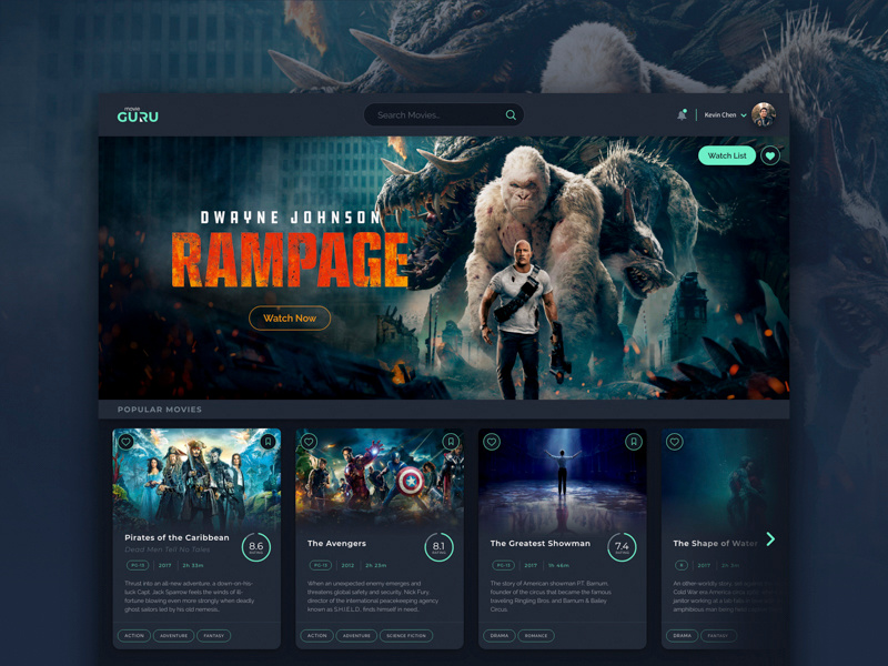 Movie Guru Dashboard web design layout the avengers web application info card movie