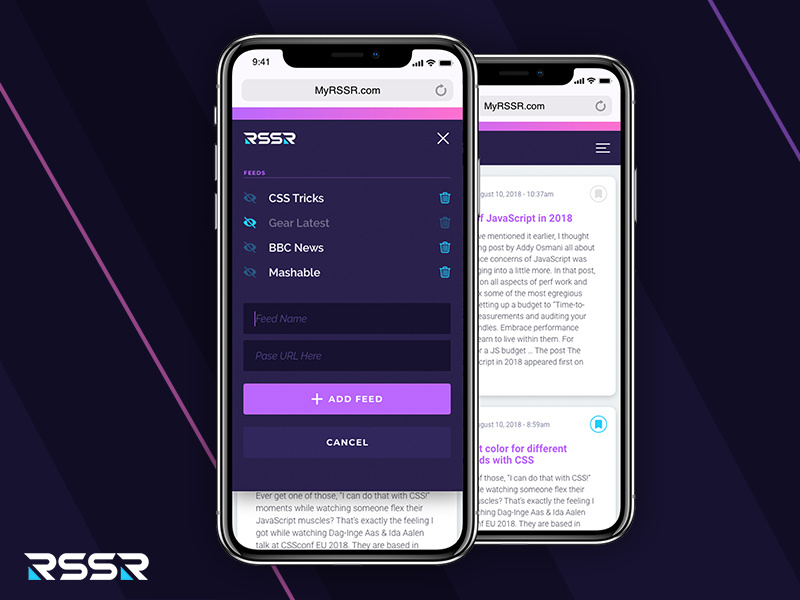 RSSR Feed App mobile purple menu web design application mobile app ui design ux ui rss
