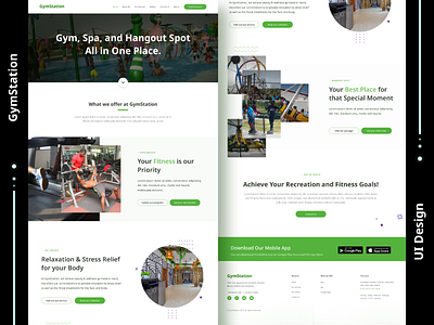 GymStation UI Design - Provides Recreational Services app booking business company design entertainment fitness gym hangout homepage landing page modern recreation relaxation services spa spot ui ux website