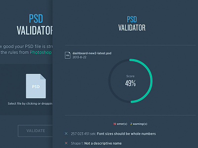 PSD Validator cloud.typography dark error flat gotham graphs icon knockout psd score validator warning