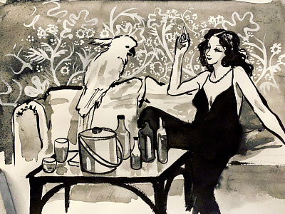 Date Night black and white film noir illustration ink inktober 2019 tropical bird