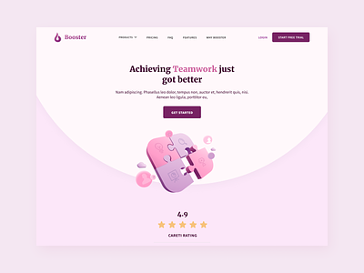 Booster 3d achieve button desktop features hero section illustration landing page logo pink product design rating teamwork website