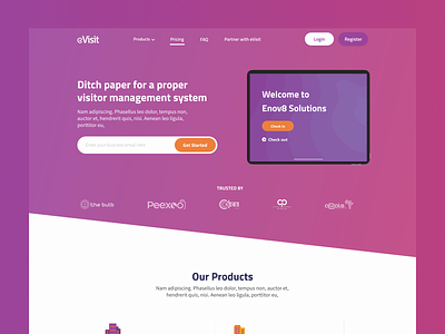 eVisit 1 check in customer desktop footer gradient icons illustration landing page management system mockup product design video visitor website design