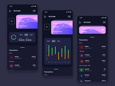 Finance App analytics dashboard banking app chart credit card dark ui design finance app gradient graphics ios mastercard mobile tab transactions user interface