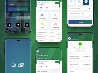 Citizen Bank App account bank branding card dasboard gradient history icon log in mobile app mock up receipt splash screen transaction transfer user interface