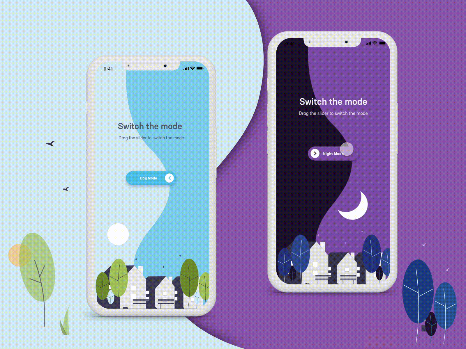 Adobe XD Animation. Day-Night switcher aniamtion day dribbble dribble shot flat design flat illustration illustration mobile night switcher ui ux web