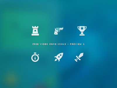 Video Game Icon Set - Preview 1 achievement free freebie game games gun icon icons pistol preview rocket set stop sword tower trophy video videogame videogames watch weapon