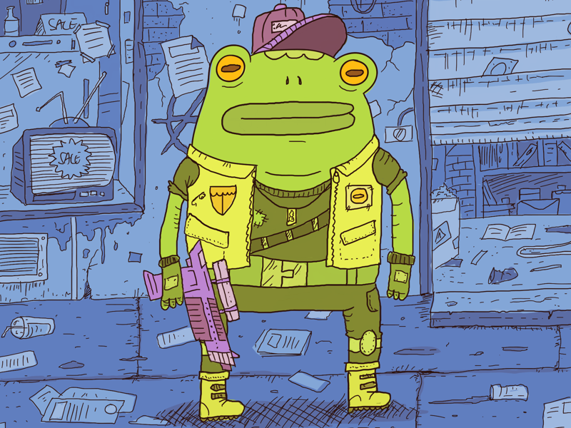 Cyberpunk Frog gun green blue cyberpunk character toad sketchbook illustration frog