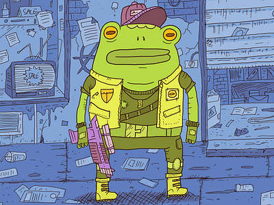 Cyberpunk Frog blue character cyberpunk frog green gun illustration sketchbook toad