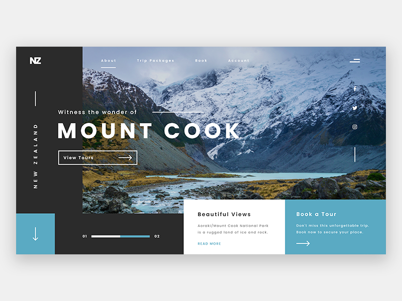 Mount Cook NZ travel flat landing screen landing page landing hero website ux ui minimalism tourism new zealand