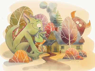 Hide and Seek autumn children drawing fall friends giant illustration imaginary monster outside watercolor