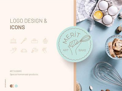 Merit Art & Bake bakery branding icon logo design mint